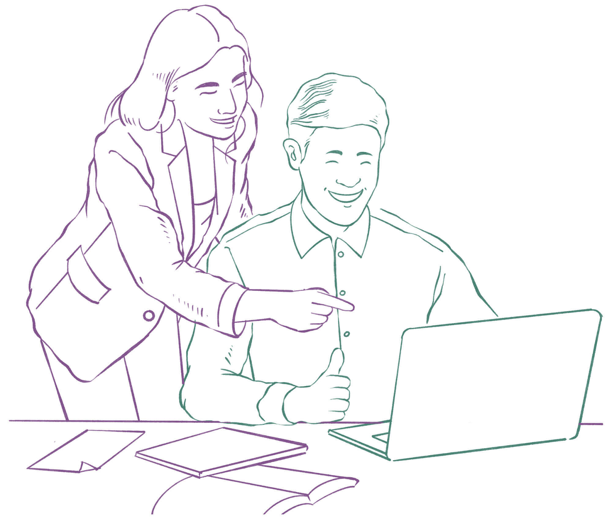WomenWorks - man and woman looking at laptop illustration